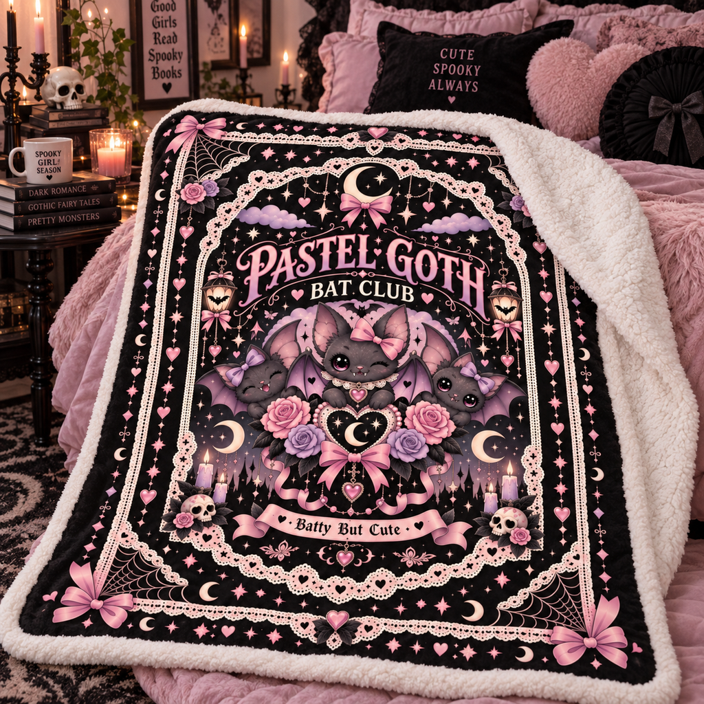 Pastel Goth Bat Halloween Blanket, Batty But Cute Pink Gothic Throw, Coquette Bat Blanket