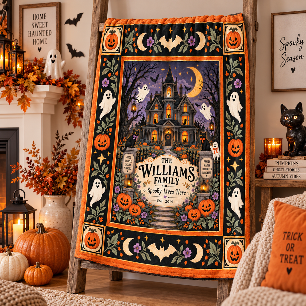 Personalized Halloween Family Blanket, Custom Family Name Haunted House Throw, Spooky Lives