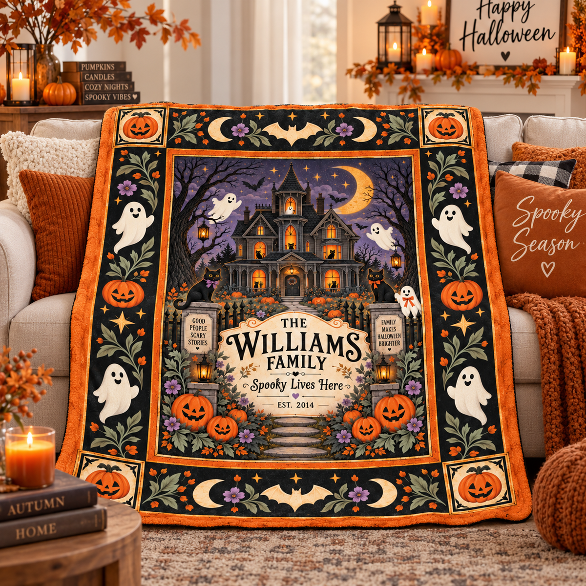 Personalized Halloween Family Blanket, Custom Family Name Haunted House Throw, Spooky Lives