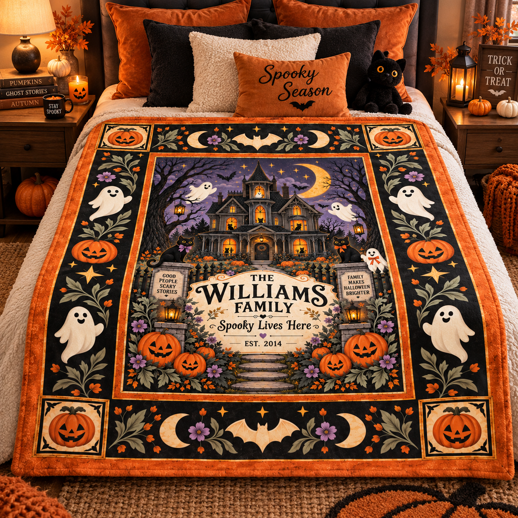Personalized Halloween Family Blanket, Custom Family Name Haunted House Throw, Spooky Lives