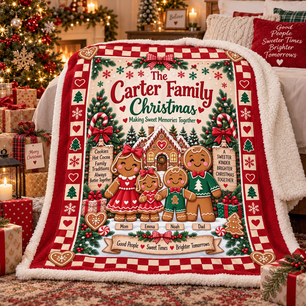 Personalized Gingerbread Family Christmas Blanket, Custom Family Name & Kids Names Holiday Blanket, Cute Gingerbread Christmas Gift for Family
