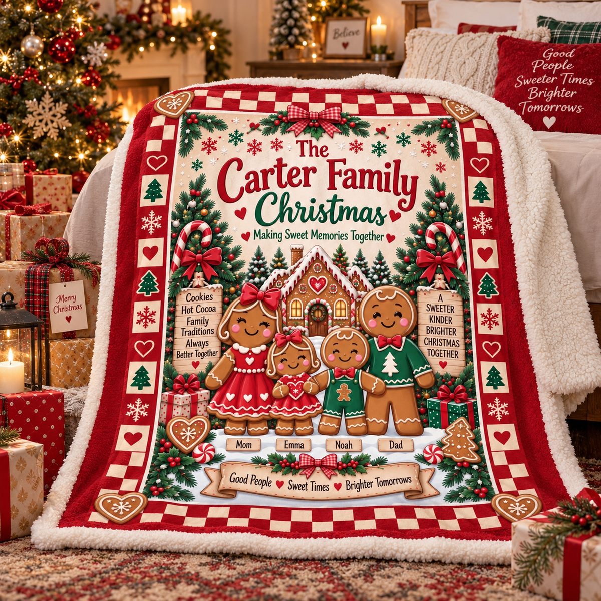 Personalized Gingerbread Family Christmas Blanket, Custom Family Name & Kids Names Holiday Blanket, Cute Gingerbread Christmas Gift for Family