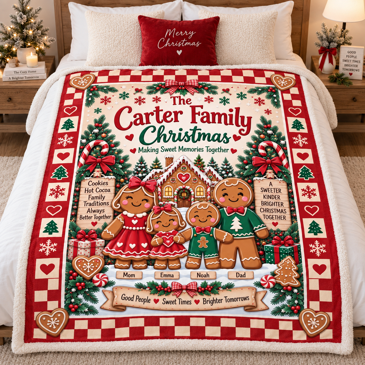 Personalized Gingerbread Family Christmas Blanket, Custom Family Name & Kids Names Holiday Blanket, Cute Gingerbread Christmas Gift for Family