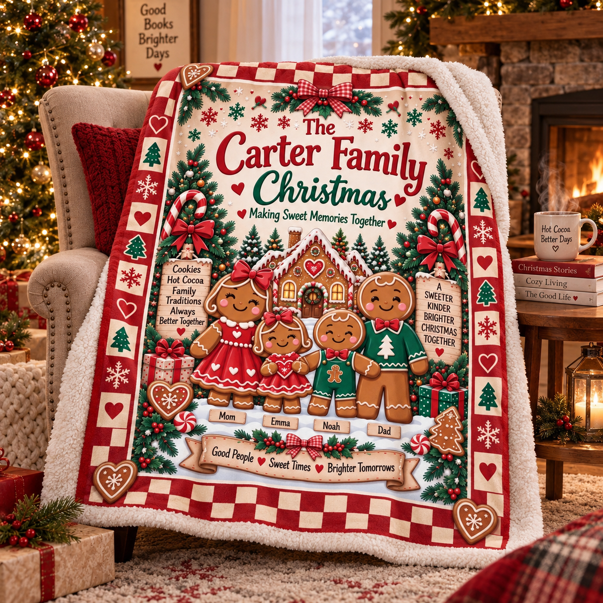 Personalized Gingerbread Family Christmas Blanket, Custom Family Name & Kids Names Holiday Blanket, Cute Gingerbread Christmas Gift for Family