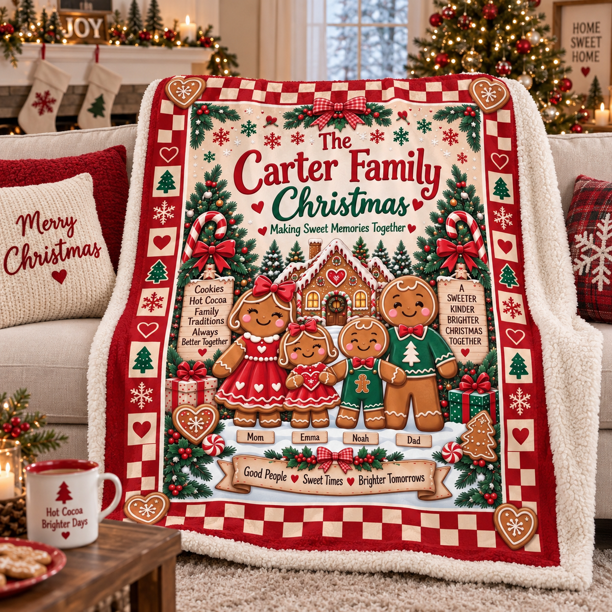 Personalized Gingerbread Family Christmas Blanket, Custom Family Name & Kids Names Holiday Blanket, Cute Gingerbread Christmas Gift for Family