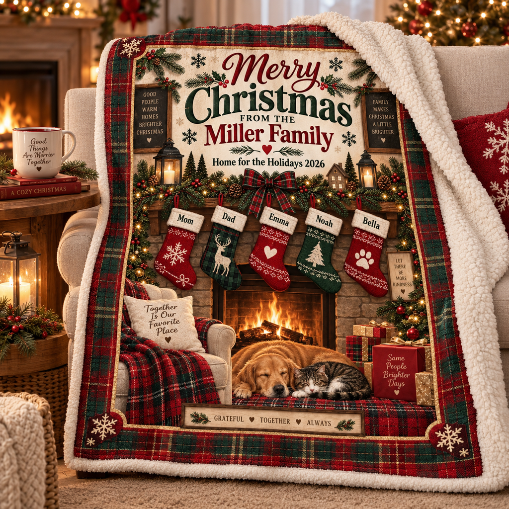 Personalized Family Christmas Fireplace Blanket, Custom Family Name & Stocking Names Holiday Blanket, Cozy Christmas Gift for Family