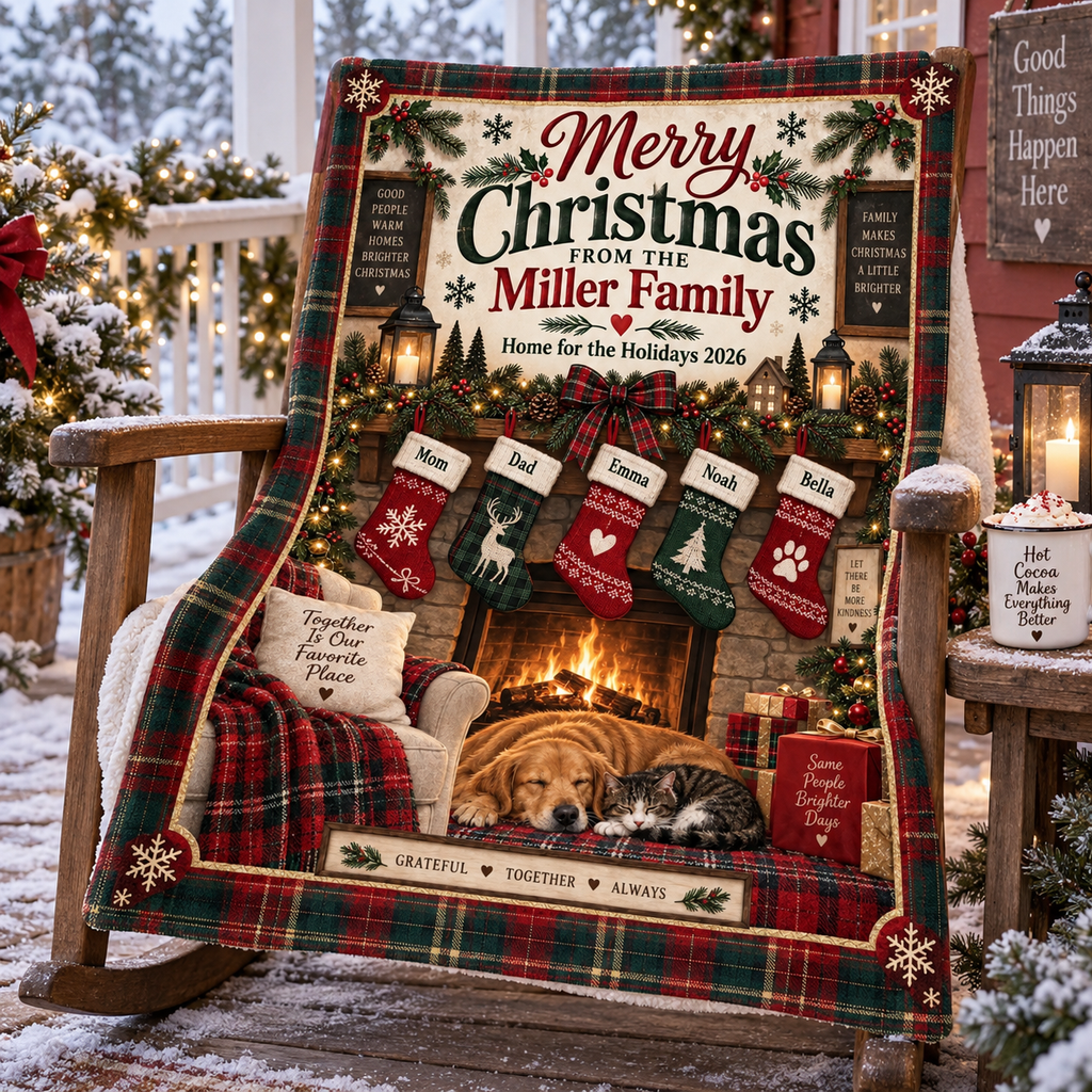 Personalized Family Christmas Fireplace Blanket, Custom Family Name & Stocking Names Holiday Blanket, Cozy Christmas Gift for Family