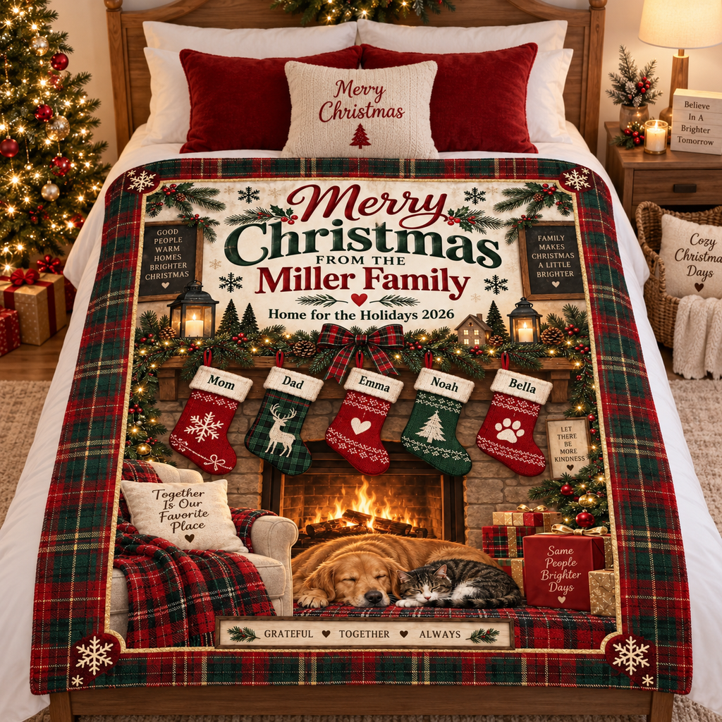 Personalized Family Christmas Fireplace Blanket, Custom Family Name & Stocking Names Holiday Blanket, Cozy Christmas Gift for Family