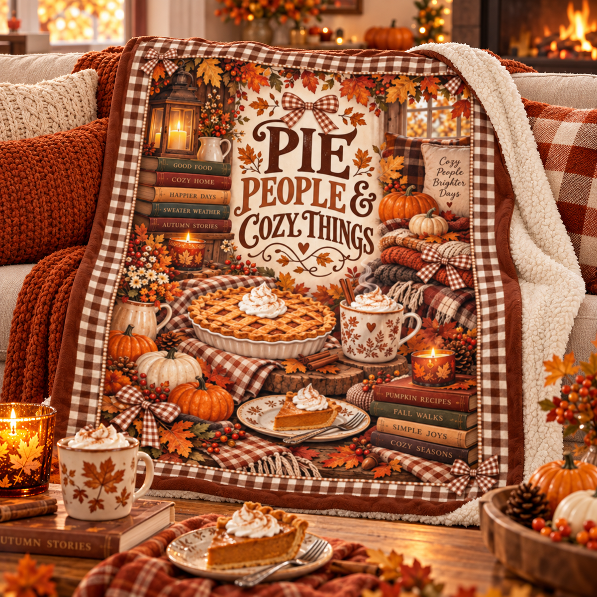 Pie People & Cozy Things Blanket – Pumpkin Pie Thanksgiving Throw, Brown Gingham Cozy Fall Blanket