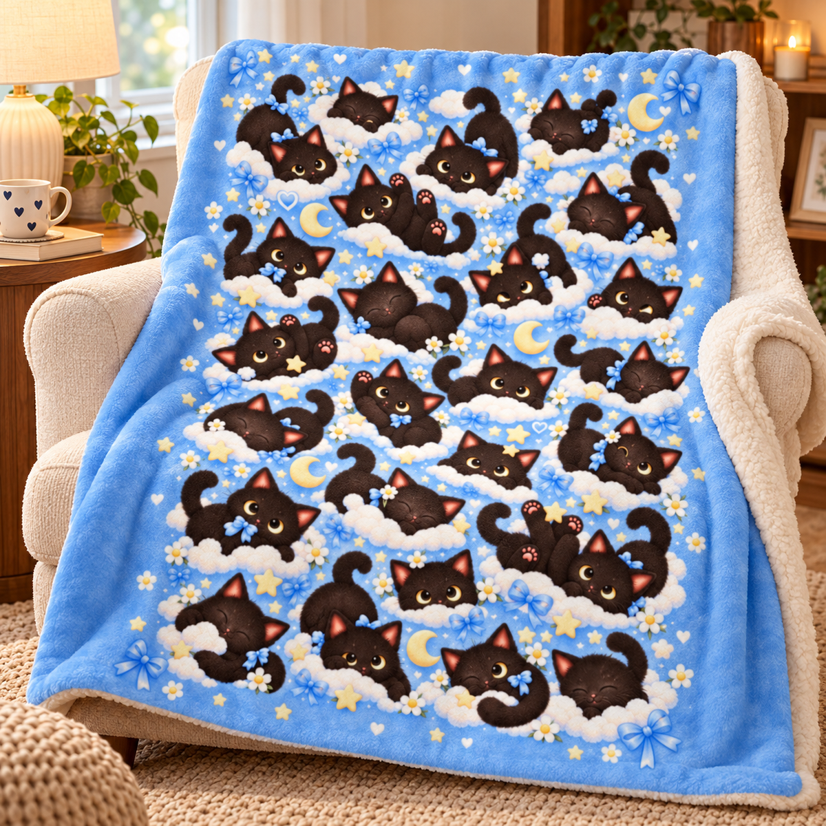 Cute Black Cat Blanket, All Over Kawaii Cat Pattern Throw Blanket, Blue Cozy Kitty Blanket, Cat Lover Gift