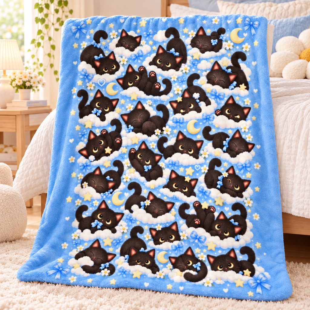 Cute Black Cat Blanket, All Over Kawaii Cat Pattern Throw Blanket, Blue Cozy Kitty Blanket, Cat Lover Gift