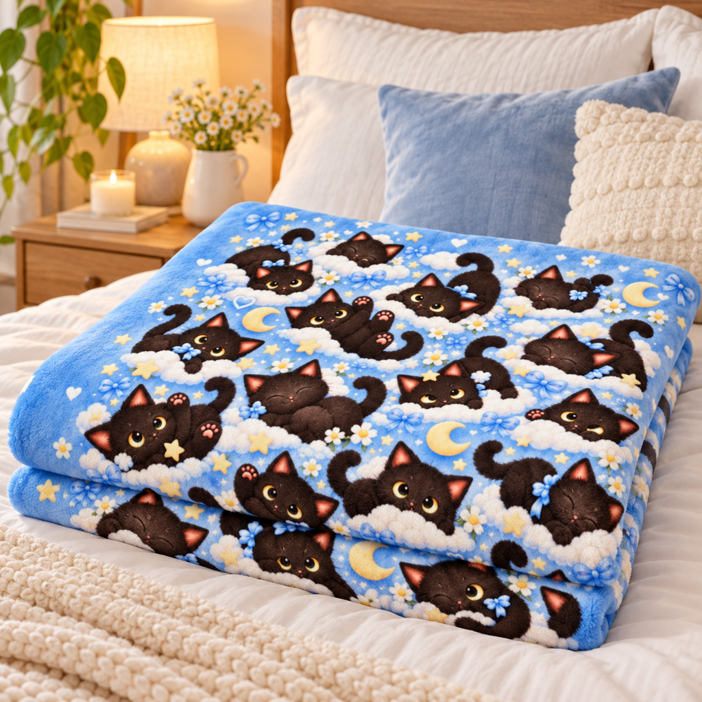 Cute Black Cat Blanket, All Over Kawaii Cat Pattern Throw Blanket, Blue Cozy Kitty Blanket, Cat Lover Gift