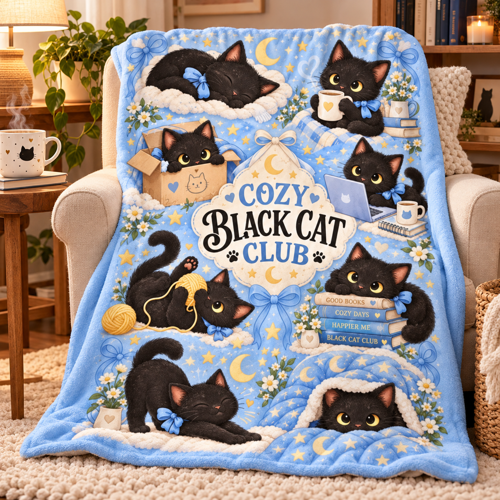 Cozy Black Cat Club Blanket, Cute Cat Lover Throw Blanket, Black Kitten Cozy Lifestyle Blanket, Gift for Cat Mom