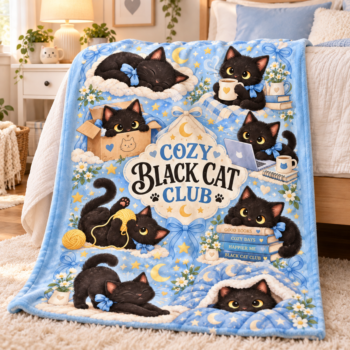 Cozy Black Cat Club Blanket, Cute Cat Lover Throw Blanket, Black Kitten Cozy Lifestyle Blanket, Gift for Cat Mom
