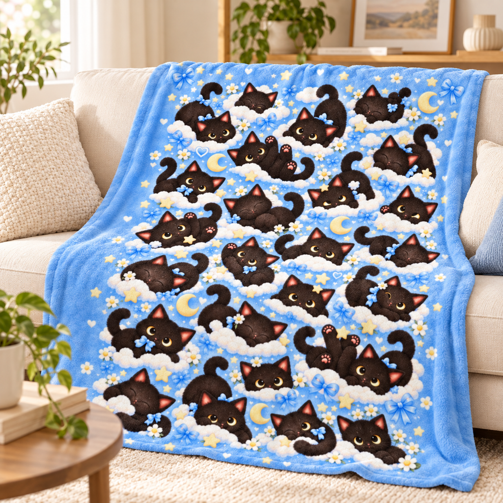 Cute Black Cat Blanket, All Over Kawaii Cat Pattern Throw Blanket, Blue Cozy Kitty Blanket, Cat Lover Gift