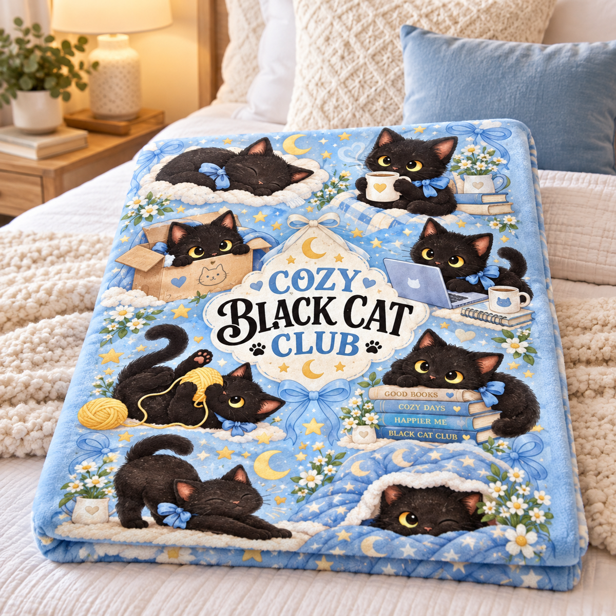 Cozy Black Cat Club Blanket, Cute Cat Lover Throw Blanket, Black Kitten Cozy Lifestyle Blanket, Gift for Cat Mom