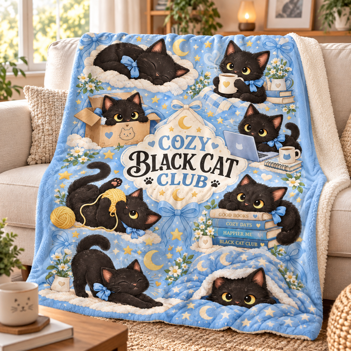Cozy Black Cat Club Blanket, Cute Cat Lover Throw Blanket, Black Kitten Cozy Lifestyle Blanket, Gift for Cat Mom