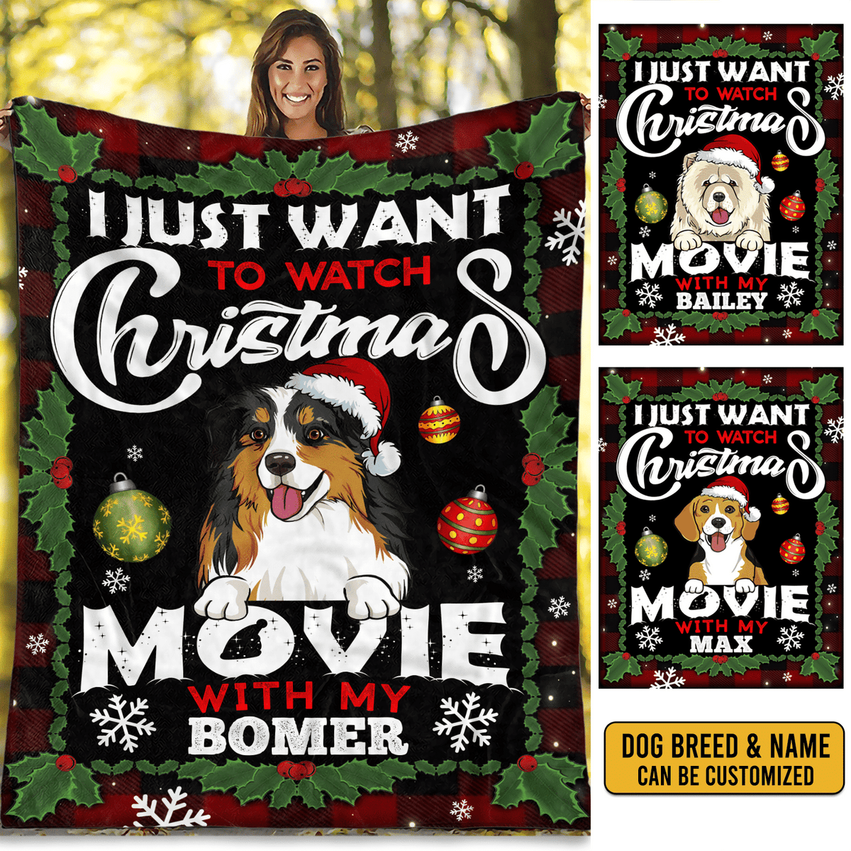 Personalized I Just Want To Watch Christmas Movie With My Dog Blanket – Christmas Dog Breeds Fleece Blanket