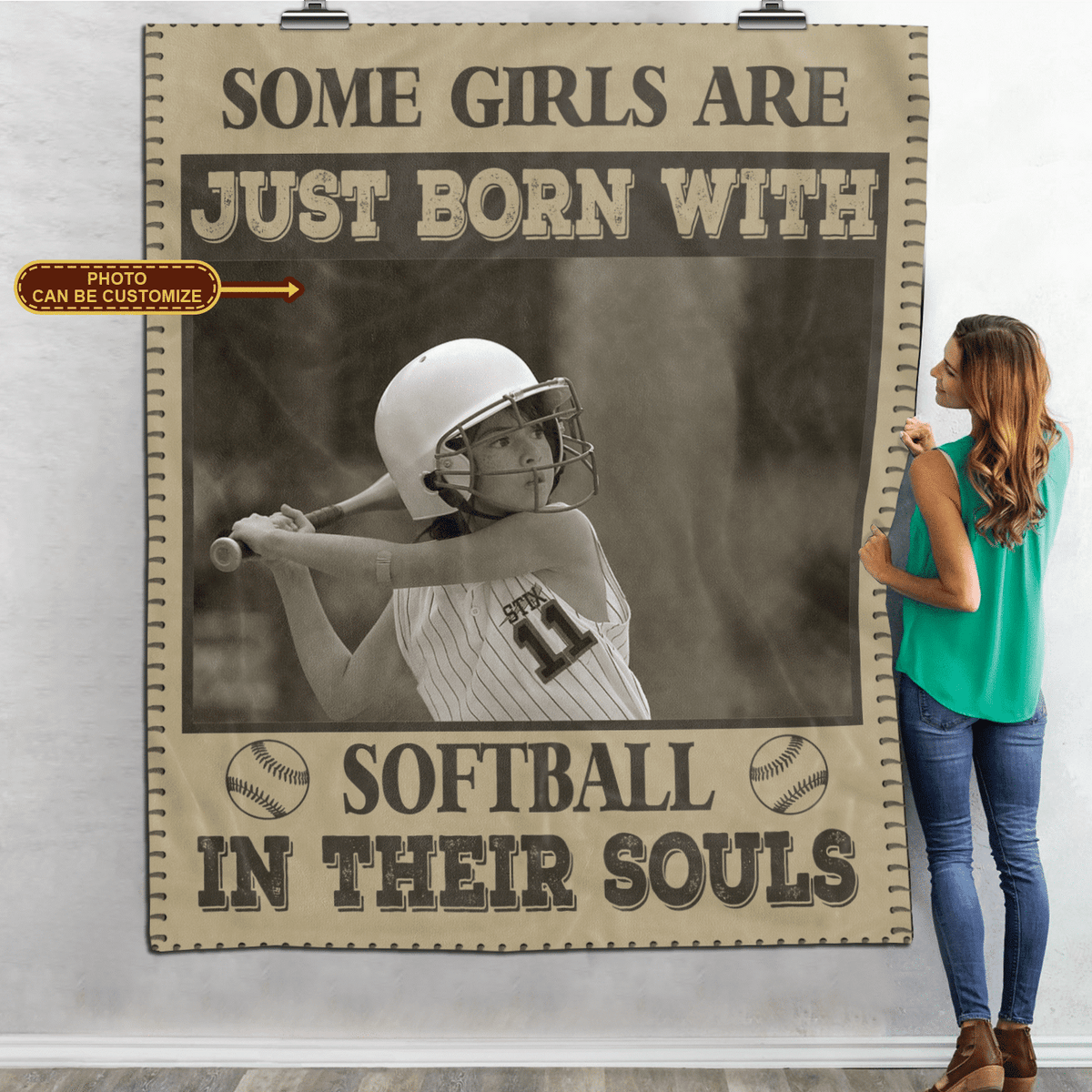 Personalized Photo Some Girls Are Just Born With Softball In Their Souls Fleece Blanket – Mink Sherpa Blanket
