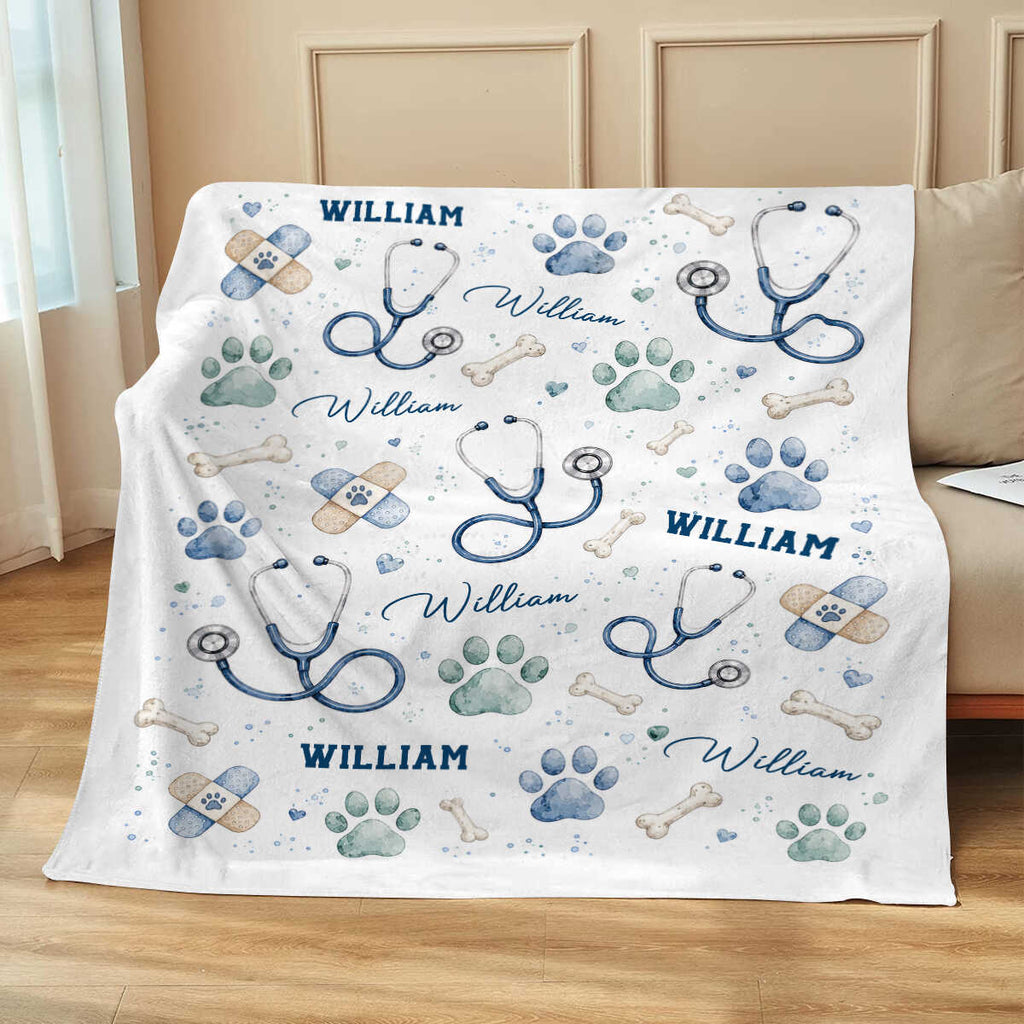 Personalized Veterinarian Blanket, Custom Vet Tech Gift, Watercolor Paw Print Stethoscope Throw, Vet Assistant Vet Tech Graduation Gift