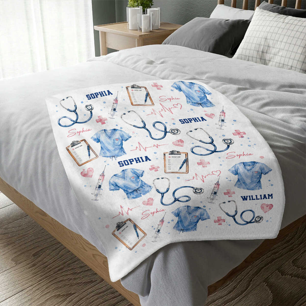 Personalized Nurse Blanket, Custom Nursing Gift, Watercolor Nurse Scrubs Stethoscope Throw, Nurse Graduation Gift, RN LPN Gift