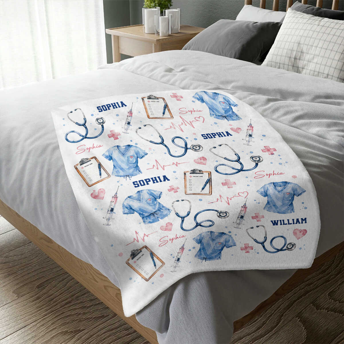 Personalized Nurse Blanket, Custom Nursing Gift, Watercolor Nurse Scrubs Stethoscope Throw, Nurse Graduation Gift, RN LPN Gift