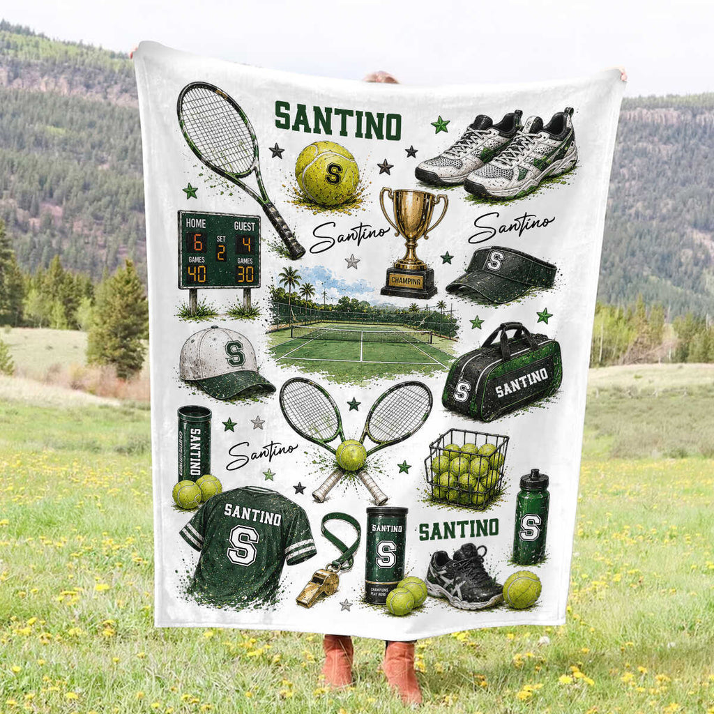 Personalized Tennis Blanket with Name, Custom Tennis Blanket for Boy, Tennis Court Nursery Decor, Kids Toddler Blanket, Racket Ball Gift