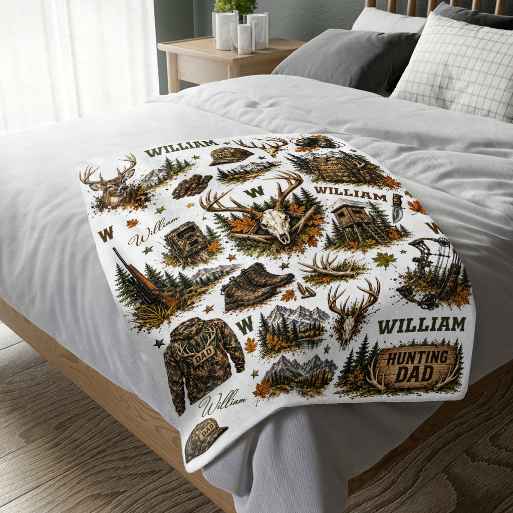 Personalized Hunting Dad Blanket, Custom Camo Deer Hunting Throw, Hunter Dad Gift, Outdoor Cabin Decor, Father’s Day Blanket, Dad Christmas Gift