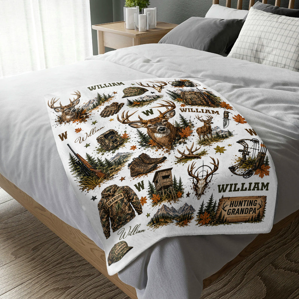Personalized Hunting Grandpa Blanket, Custom Deer Hunting Throw, Grandpa Hunter Gift, Camo Cabin Decor, Grandpa Christmas Gift