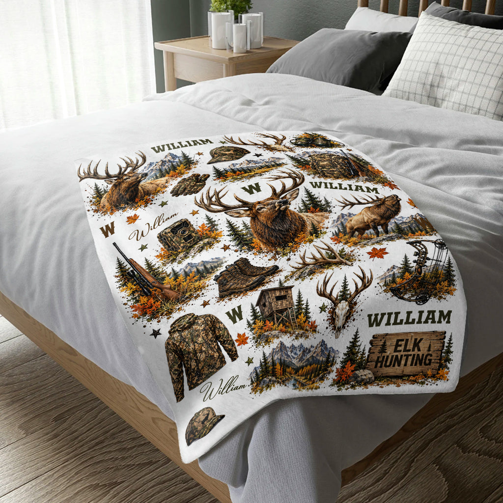 Personalized Elk Hunter Blanket, Elk Hunting Gift, Hunting Gift for Him, Outdoor Cabin Decor, Hunter Christmas Gift