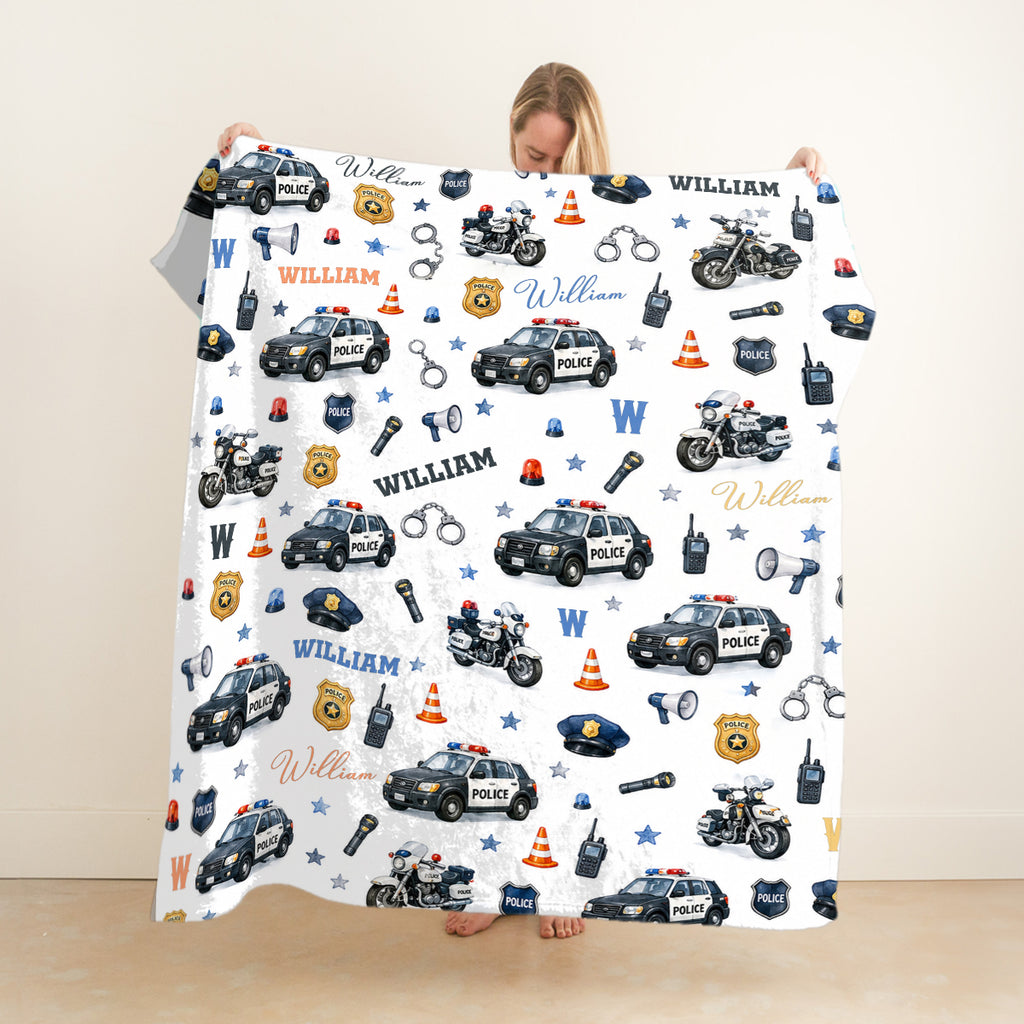 Personalized Police Baby Blanket with Name, Custom Cop Police Car Swaddle, Newborn Boy Gift, Police Officer Nursery Decor