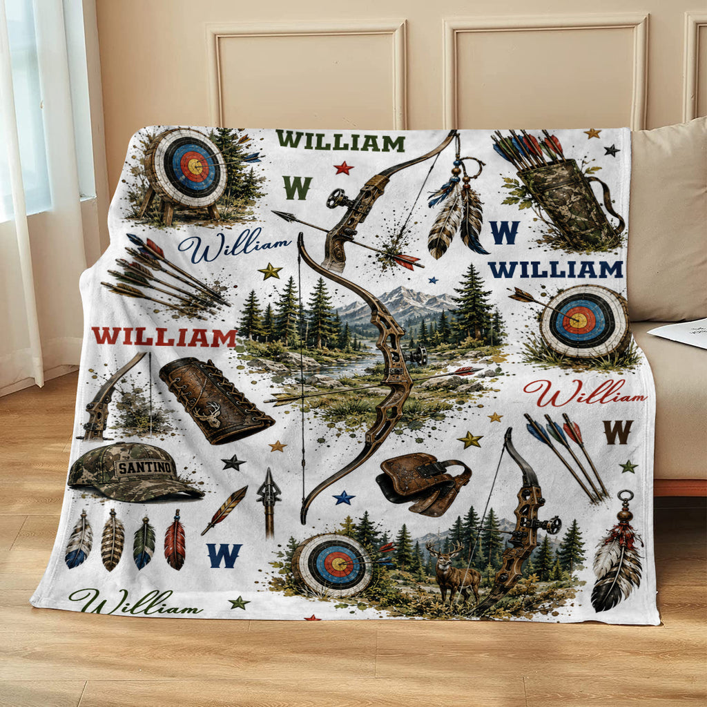 Personalized Archery Blanket, Custom Bow and Arrow Blanket for Boy, Woodland Hunting Nursery Decor, Toddler Blanket Gift