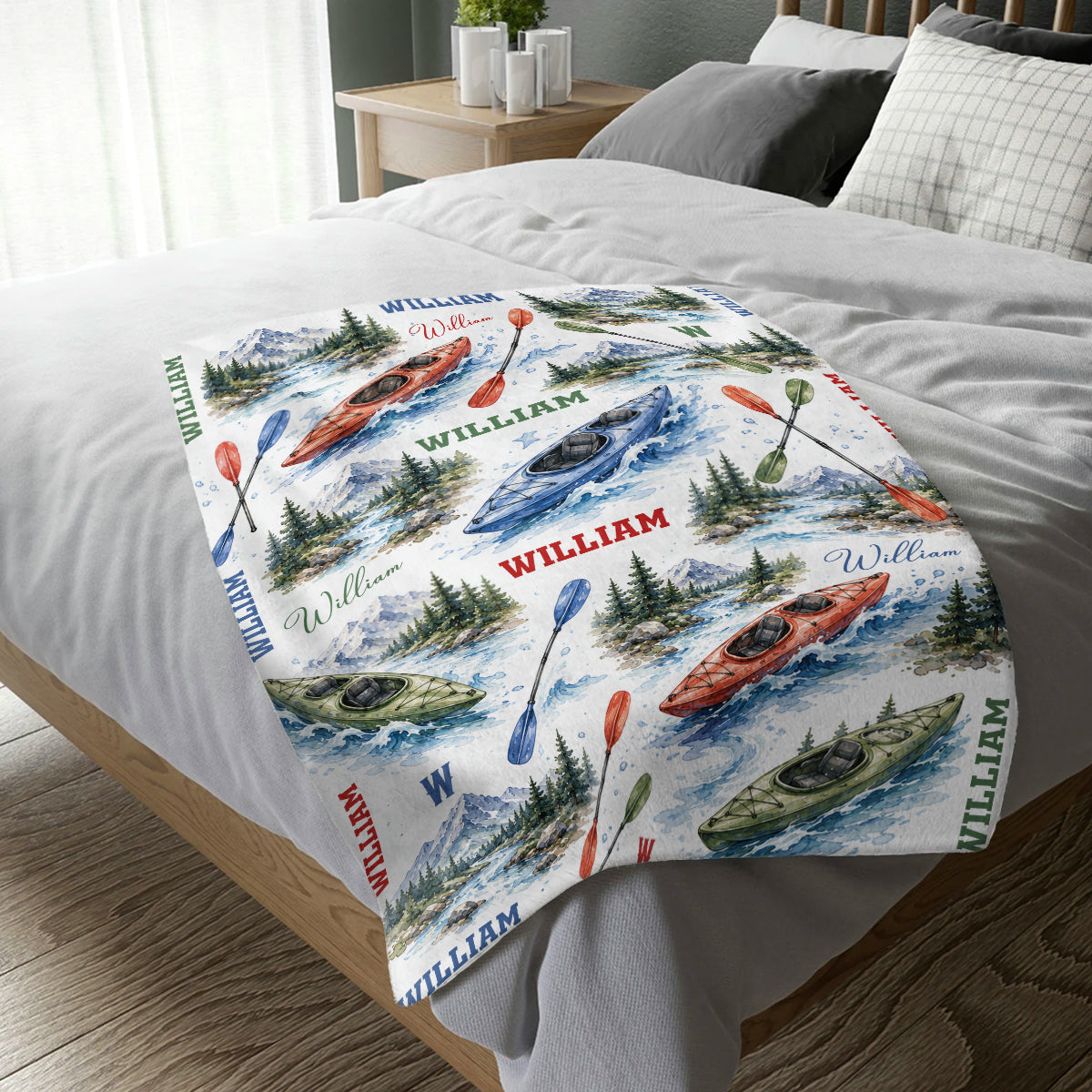 Personalized Kayak Blanket, Custom Name Kayaking Throw Blanket, Watercolor River & Mountain Outdoor Decor, Kayaker Gift, Nature Lover Gift