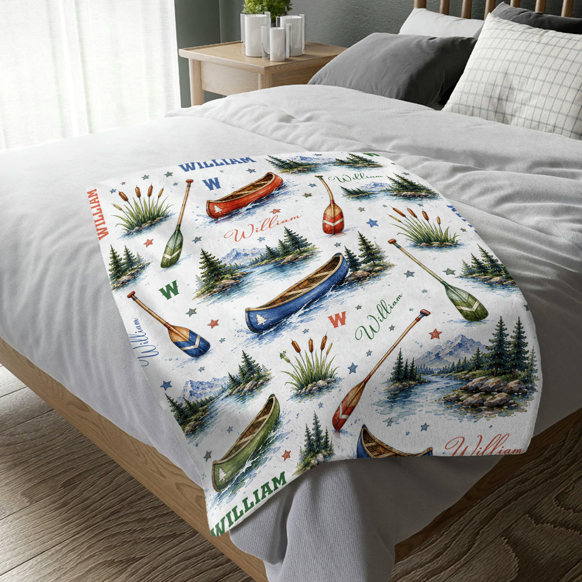 Personalized Canoe Blanket, Custom Name Camping Blanket for Kids & Adults, Watercolor Lake House Decor, Outdoorsy Gift, Mountain Throw