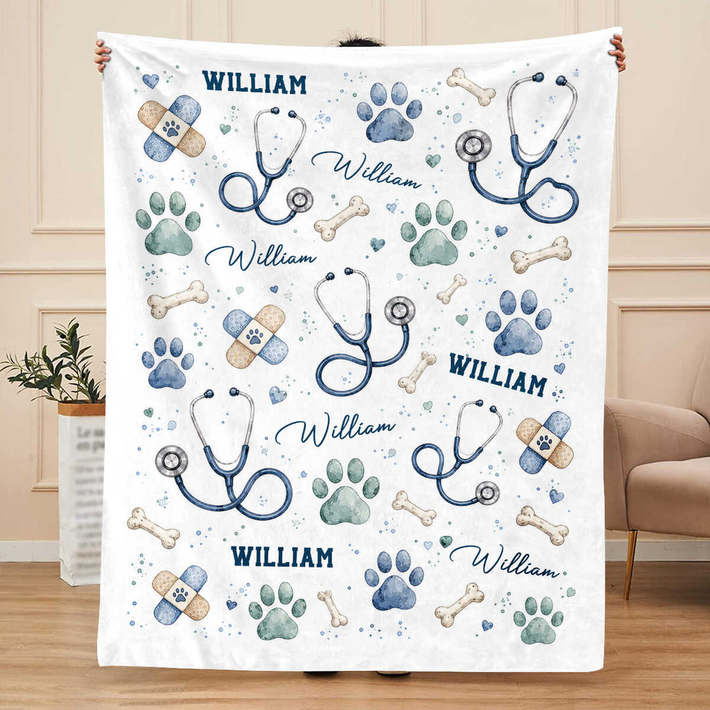 Personalized Veterinarian Blanket, Custom Vet Tech Gift, Watercolor Paw Print Stethoscope Throw, Vet Assistant Vet Tech Graduation Gift