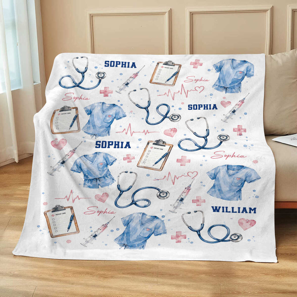Personalized Nurse Blanket, Custom Nursing Gift, Watercolor Nurse Scrubs Stethoscope Throw, Nurse Graduation Gift, RN LPN Gift