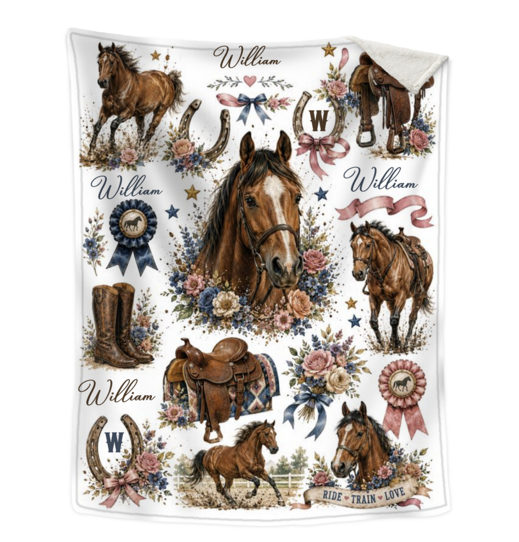 Personalized Horse Blanket, Custom Name Equestrian Blanket, Floral Horse Blanket for Girls Kids, Western Cowgirl Throw, Horse Lover Gift