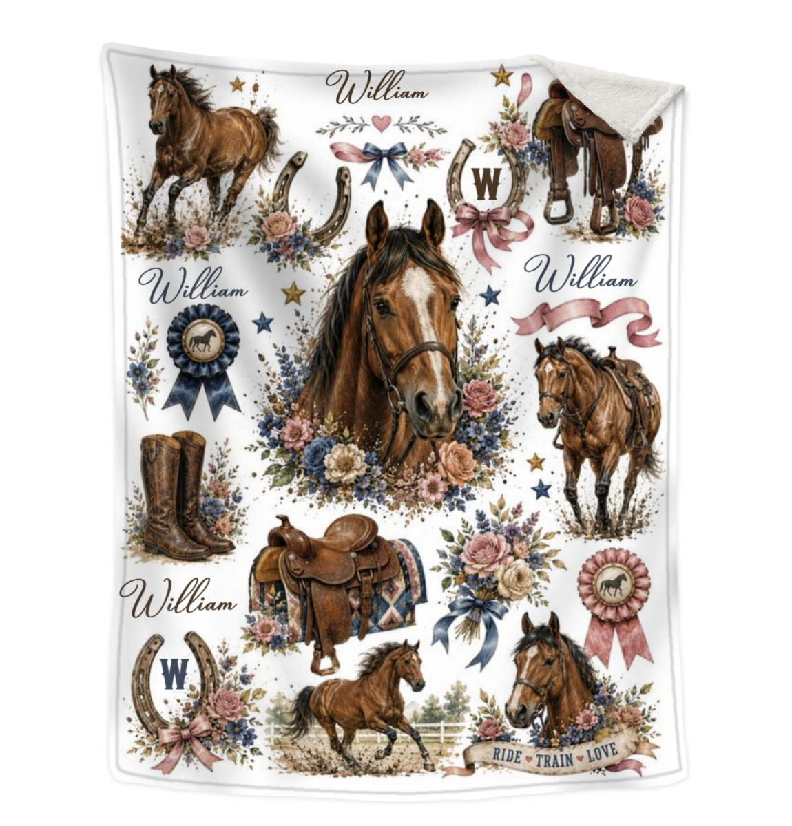 Personalized Horse Blanket, Custom Name Equestrian Blanket, Floral Horse Blanket for Girls Kids, Western Cowgirl Throw, Horse Lover Gift
