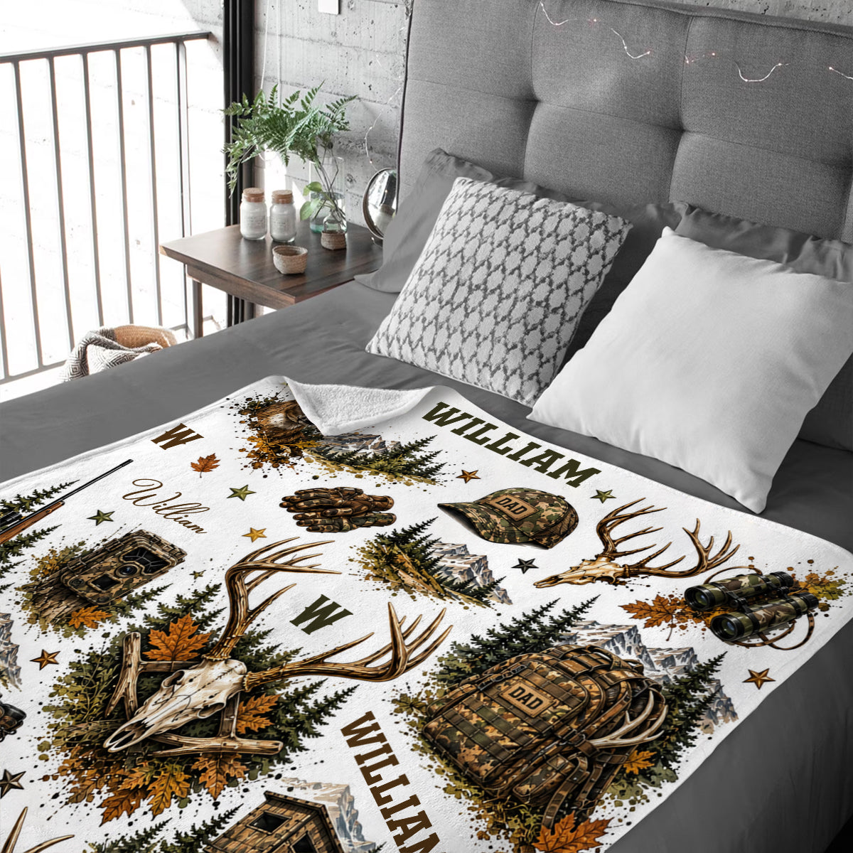 Personalized Hunting Dad Blanket, Custom Camo Deer Hunting Throw, Hunter Dad Gift, Outdoor Cabin Decor, Father’s Day Blanket, Dad Christmas Gift