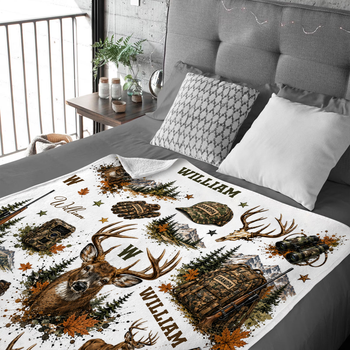 Personalized Hunting Grandpa Blanket, Custom Deer Hunting Throw, Grandpa Hunter Gift, Camo Cabin Decor, Grandpa Christmas Gift