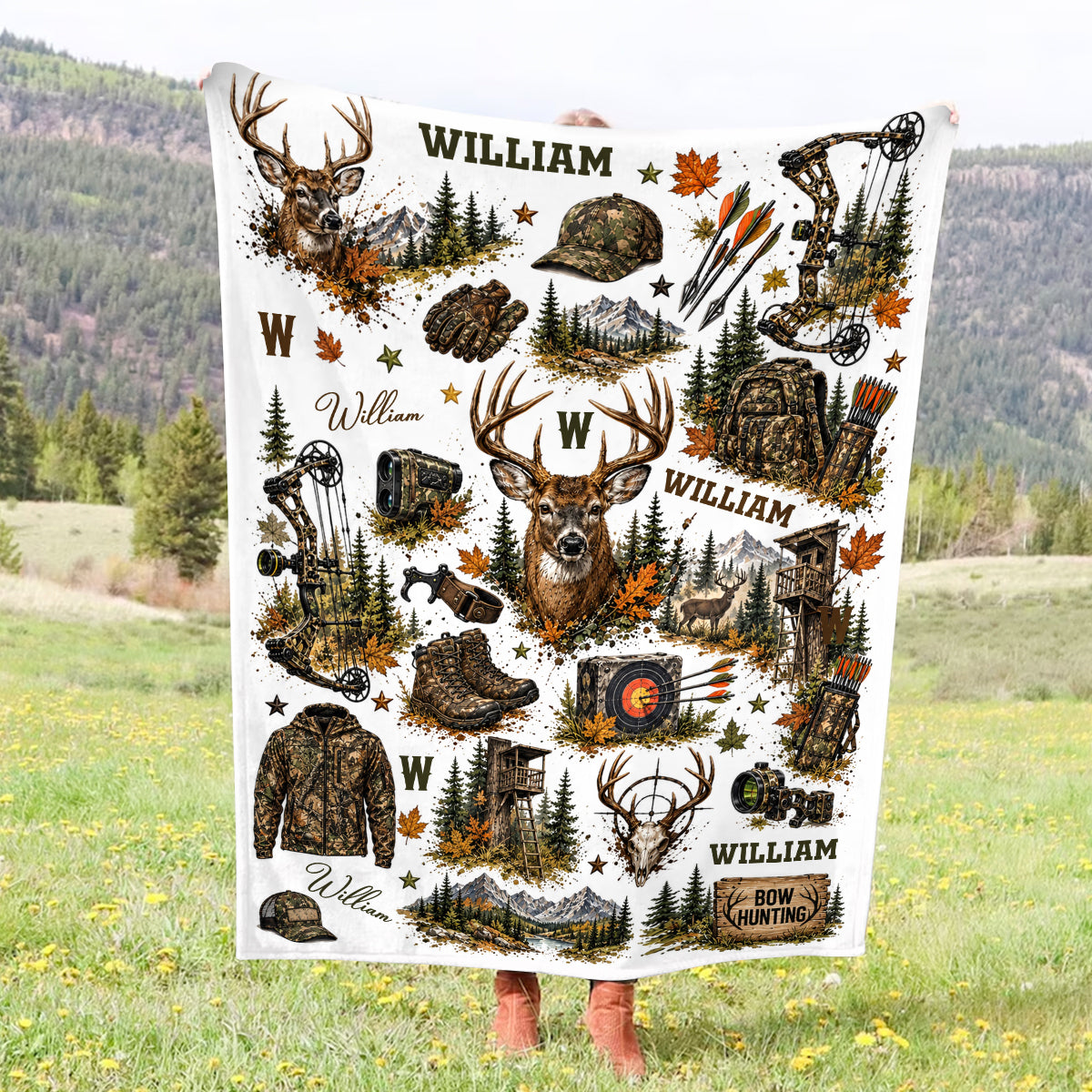 Personalized Bow Hunter Blanket, Bow Hunting Blanket, Deer Hunting Gift for Him, Outdoor Cabin Decor, Hunter Christmas Gift, Archery Hunter Gift