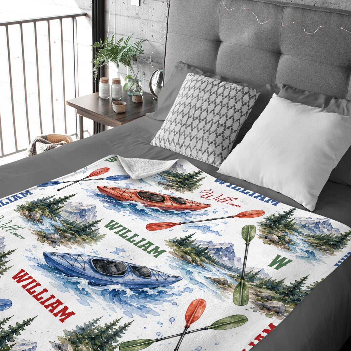 Personalized Kayak Blanket, Custom Name Kayaking Throw Blanket, Watercolor River & Mountain Outdoor Decor, Kayaker Gift, Nature Lover Gift