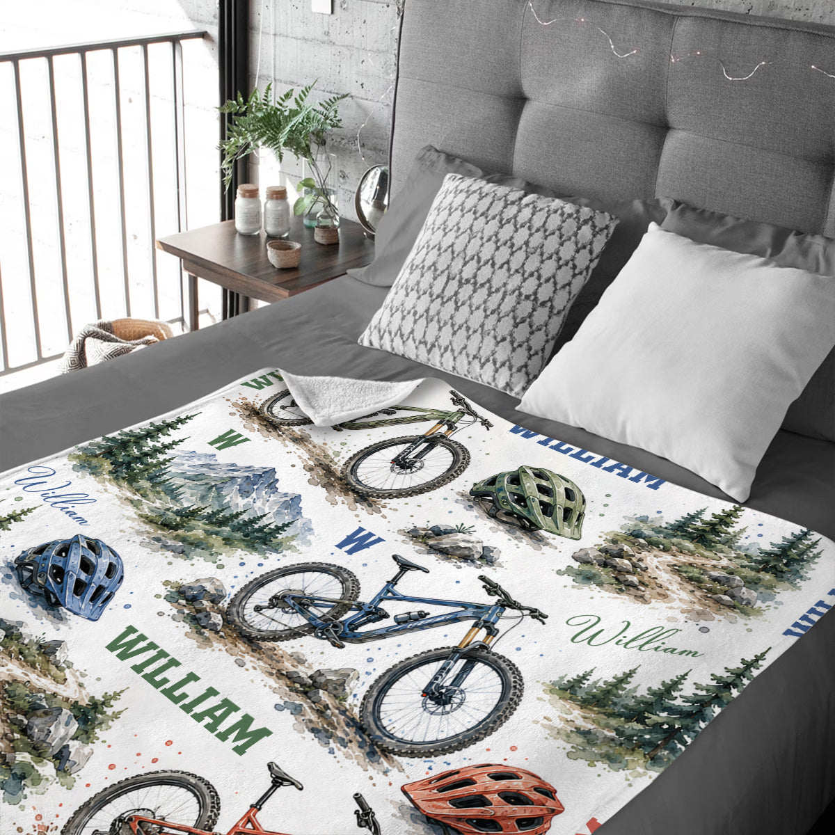Personalized Mountain Bike Blanket, Custom Name MTB Blanket for Kids Boy Men, Watercolor Cycling Gift, Outdoor Biker Nursery Decor