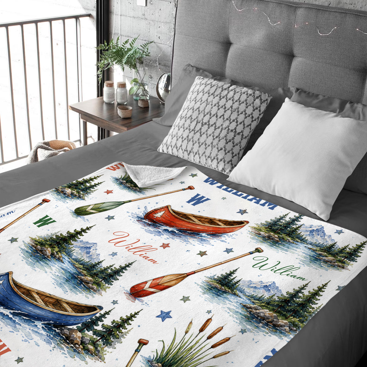 Personalized Canoe Blanket, Custom Name Camping Blanket for Kids & Adults, Watercolor Lake House Decor, Outdoorsy Gift, Mountain Throw