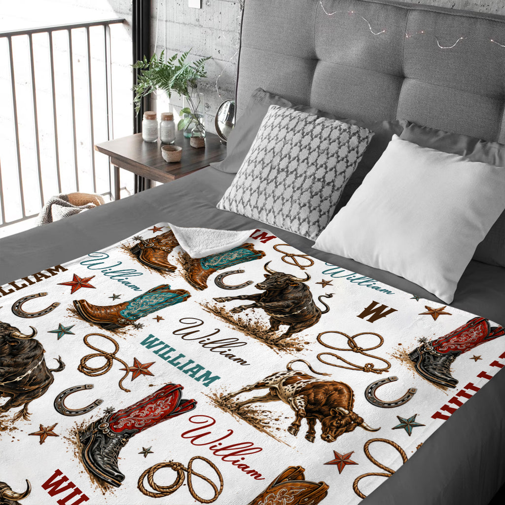 Personalized Cowboy Blanket, Custom Name Western Blanket, Rodeo Bull Rider Fleece Throw, Country Nursery Decor, Custom Boy Gift