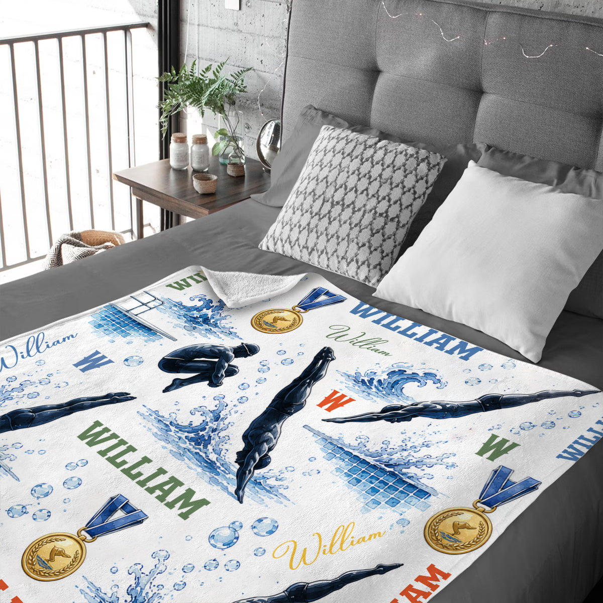 Personalized Diving Blanket, Custom Swimmer Diver Throw, Diving Board Sports Gift for Him, Custom Name Platform Diver Sherpa Blanket