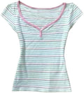 Womens Y2K Sweet Japanese Kawaii Pastel Stripe Print Henley T Shirt Cute V Neck Soft Aesthetic Casual Fitted Baby Tee
