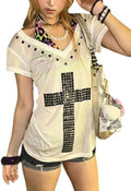 Gyaru Clothes Oversized Cross Print T-Shirt Y2k Vintage Alt Scene Emo Clothes 2000s Clothing Grunge Harajuku