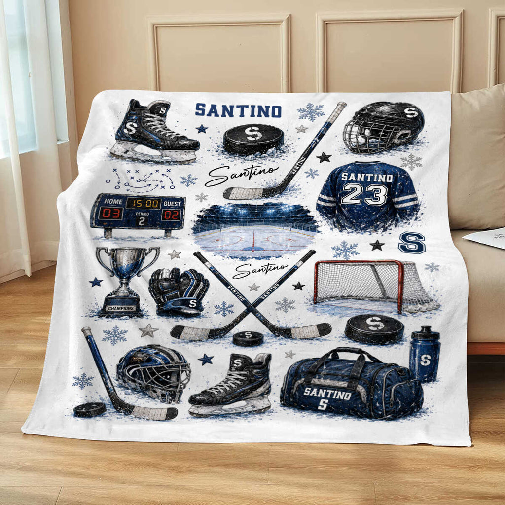 Personalized Hockey Baby Blanket with Name, Custom Ice Hockey Blanket for Boy, Hockey Nursery Decor, Kids Toddler Blanket, Ice Skate Gift