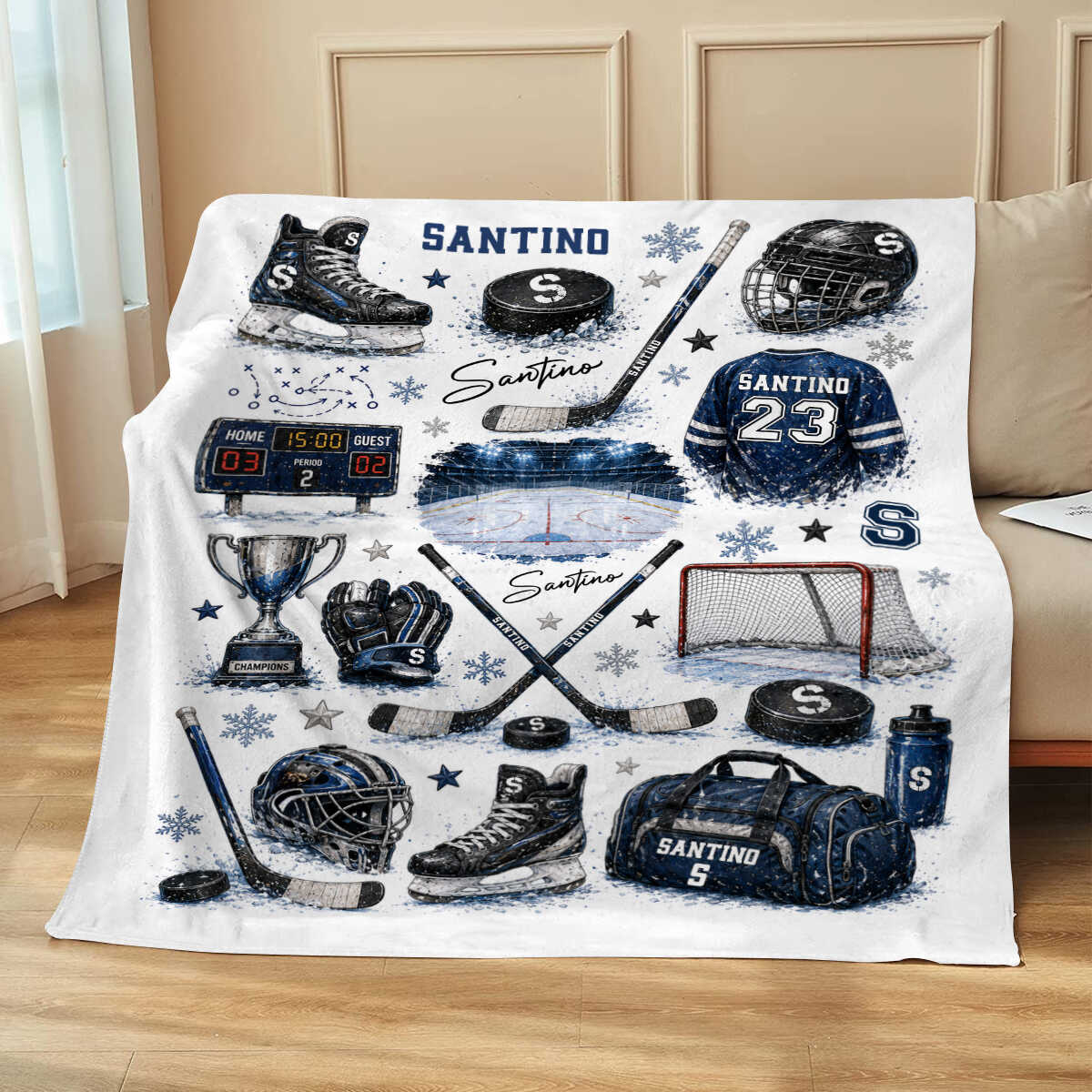 Personalized Hockey Baby Blanket with Name, Custom Ice Hockey Blanket for Boy, Hockey Nursery Decor, Kids Toddler Blanket, Ice Skate Gift